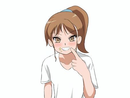 Anime-style girl with brown hair in a ponytail, smiling and pointing to a star sticker on her cheek.