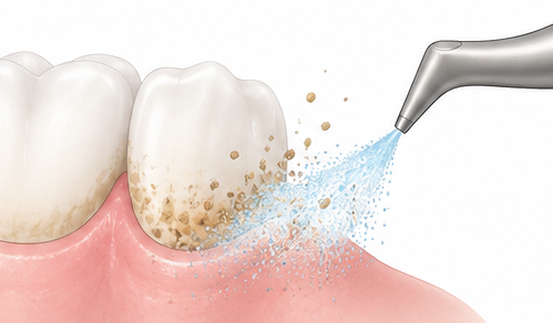 Dental water jet cleaning plaque from teeth along the gumline in an illustrative diagram