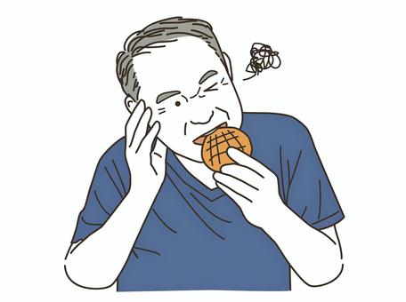Cartoon man in a blue shirt biting a cookie while talking on the phone, looking frustrated or stressed.