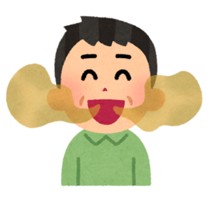 Cartoon illustration of a person laughing with eyes closed and mouth open, wearing a green shirt and dark hair.