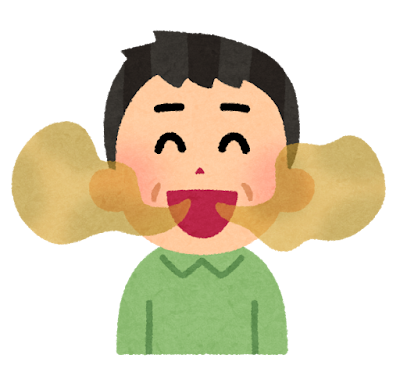 Cartoon illustration of a person laughing with eyes closed and mouth open, wearing a green shirt and dark hair.