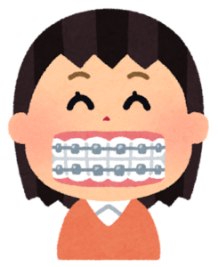 Cartoon girl smiling widely, showing metal braces on her teeth