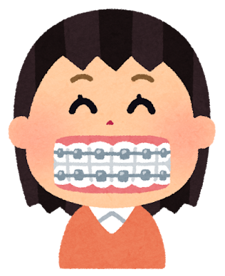 Cartoon girl smiling widely, showing metal braces on her teeth