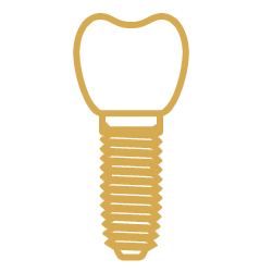 Gold dental implant icon showing a threaded screw and a tooth-shaped crown on top