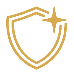 Gold shield emblem with a star-like sparkle, symbolizing protection or security.