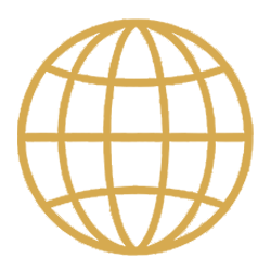 Gold globe icon with grid lines representing worldwide reach or global connectivity.
